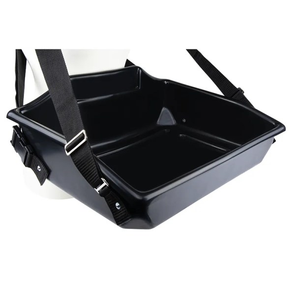 Black usherette tray with black shoulder straps in the user position.