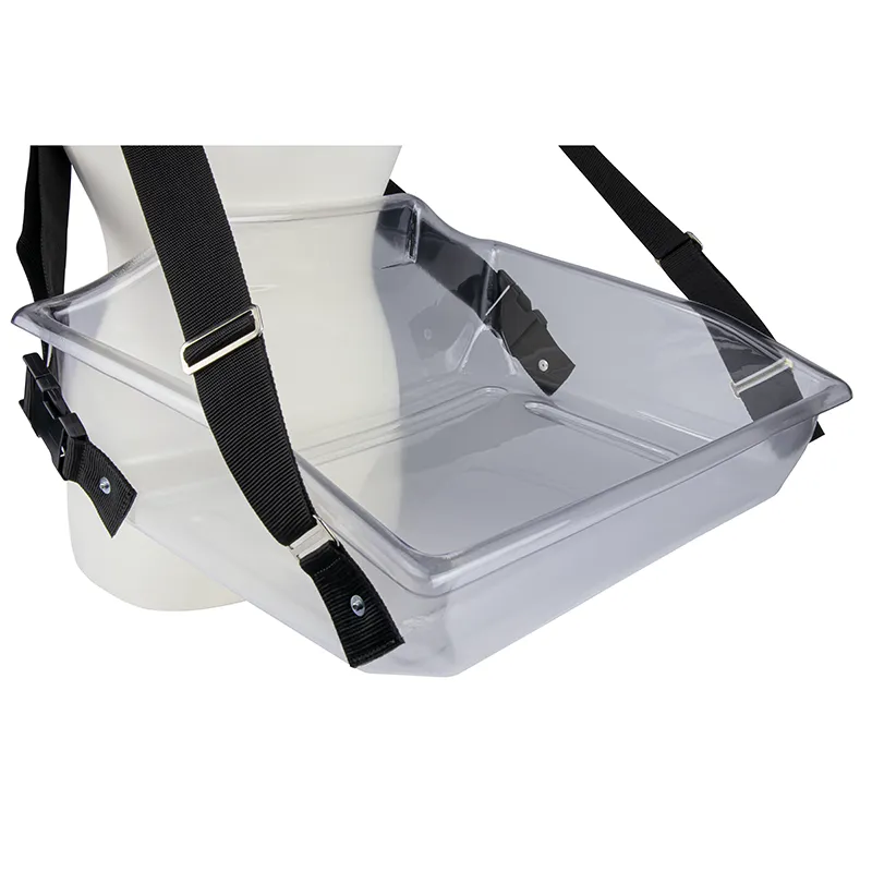 A clear plastic vending tray with black straps.