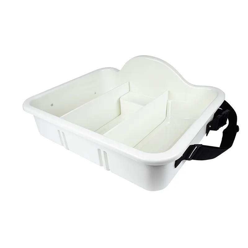 A white plastic organiser vending tray with straps.